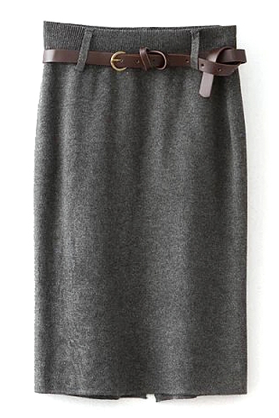 Gray Belted Back Split Pencil Skirt