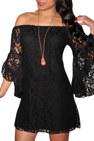 Off-the-Shoulder All Over Lace Flare Sleeve Mini Column Dress