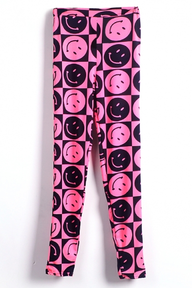 Pink&Black Smile Face Print Leggings