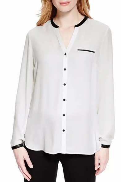 PU Inserted Chiffon V-Neck Long Sleeve Shirt
