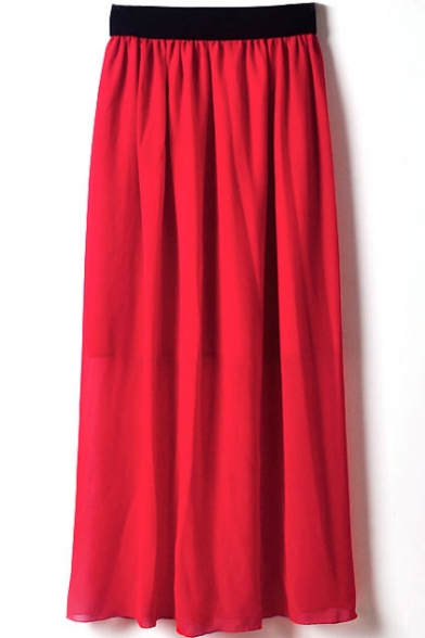 Red Elastic Waist Chiffon Maxi Skirt