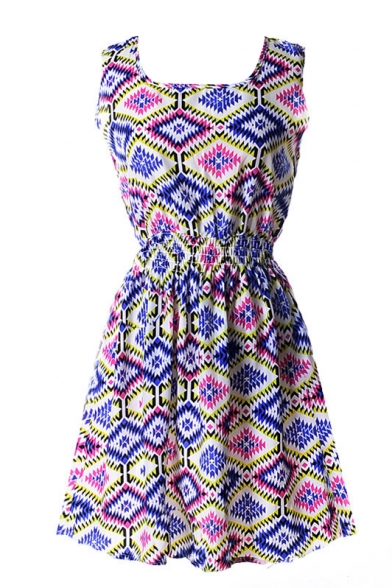 Sleeveless Symmetric Colorful Geometry Pattern Dress