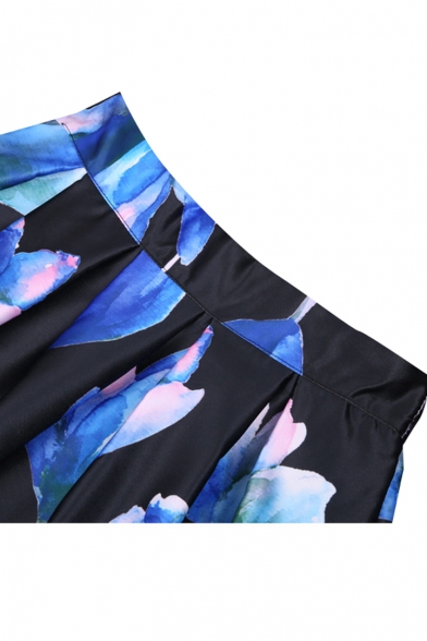 Tulip Print Elastic Waist Pleated Midi Skirt