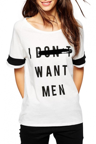 White Short Sleeve Cuff Panel Letters T-Shirt