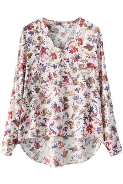 White Stand Up Collar Floral Print High Low Hem Blouse - Beautifulhalo.com