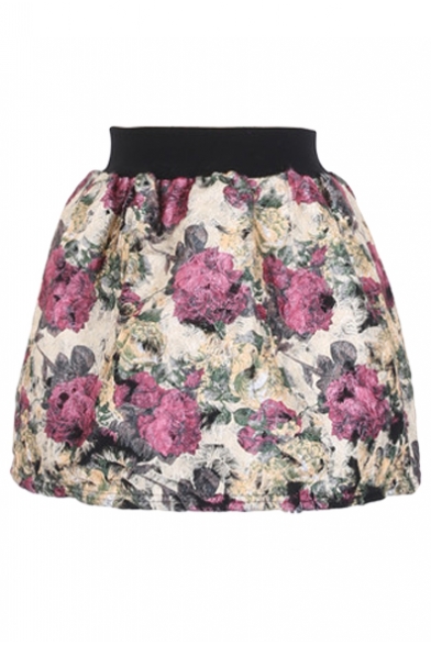 Wool Vintage Painting Floral Elastic Waist Skirt