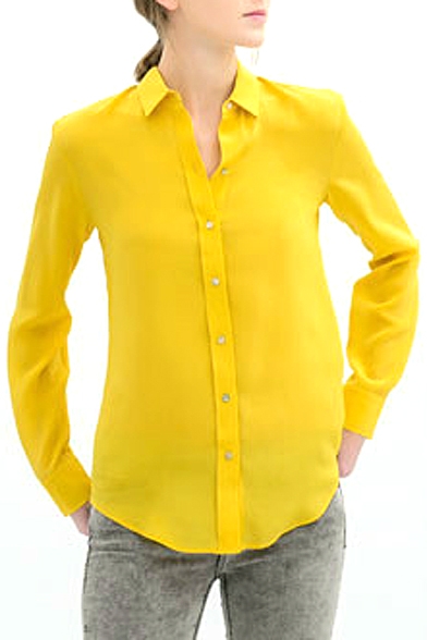 Yellow Long Sleeve Single Breast Chiffon Blouse