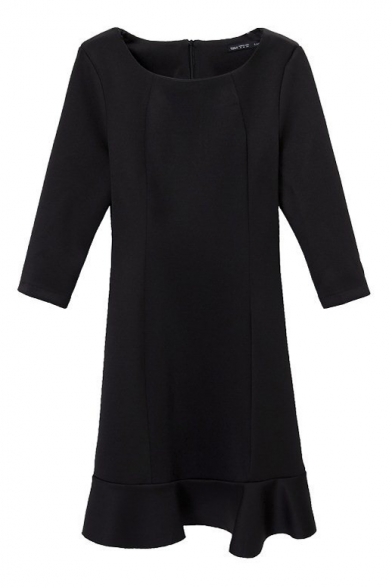3/4 Sleeve Seam Detail Concise Style Ruffle Hem Black Dress