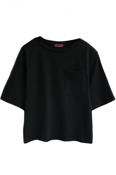 Black Concise Single Pocket Crop T-Shirt