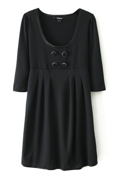 Black Plain High Waist Buttons Pleated 1/2 Sleeve Dress