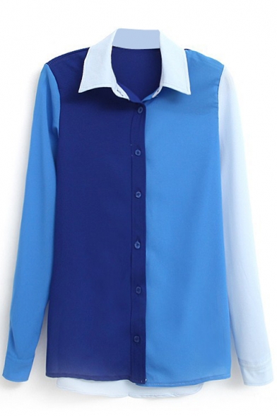 Blue Block Office Lady Style Shirt