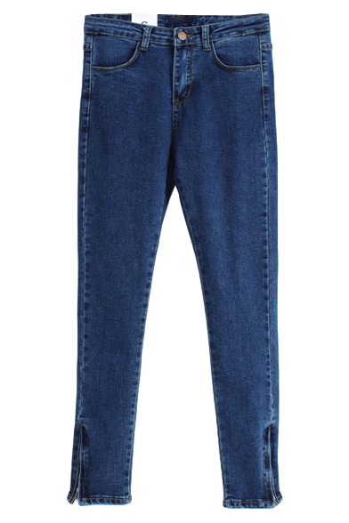 Blue Denim Zipper Legs High Waist Pencil Jeans