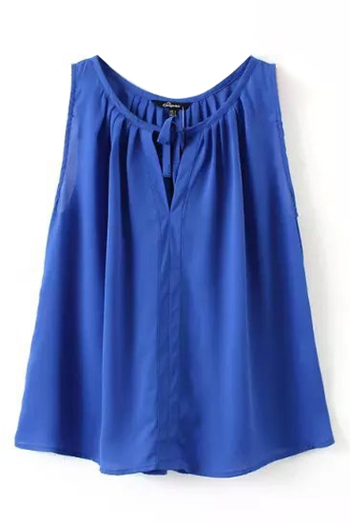 Blue Knotted Front Round Neck Sleeveless Chiffon Top
