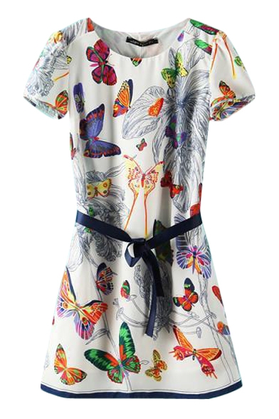 Colorful Butterfly Print Short Sleeve Belted Dress