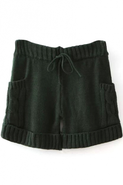 Dark Green Knitting Drawstring Shorts with Pockets