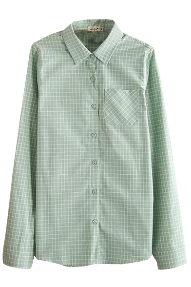 Gingham Pattern Plain Midi Cotton Shirt with Single Pocket