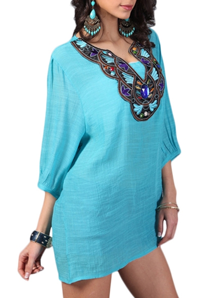 Gorgeous Ethnic Embroidered Neckline 3/4 Bell Sleeve Smock Blouse