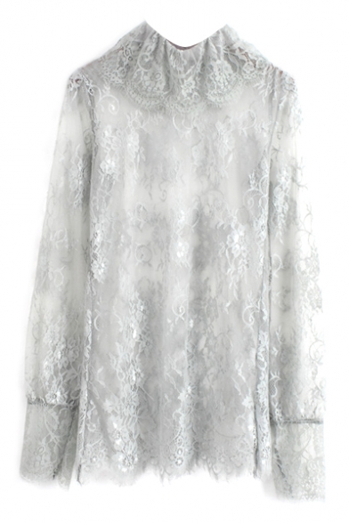 Gray Delicate Lace Embroidered Illusion Style High Collar Blouse