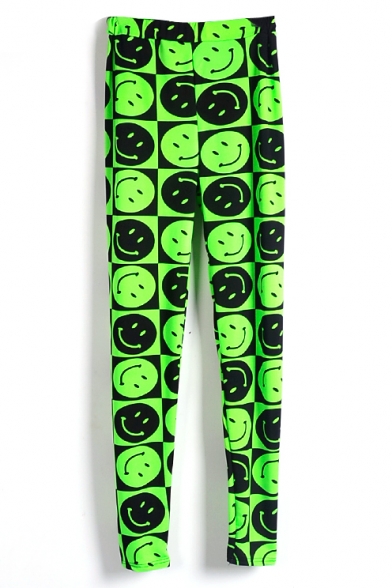 Green&Black Smile Face Print Leggings