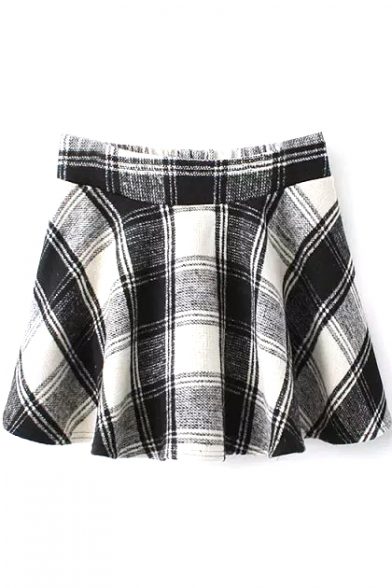 Mono Plaid Woolen Pleated Full Skirt