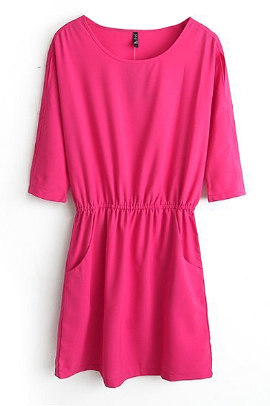 Plain Half Sleeve Pocket Gathered Waist Dress - Beautifulhalo.com