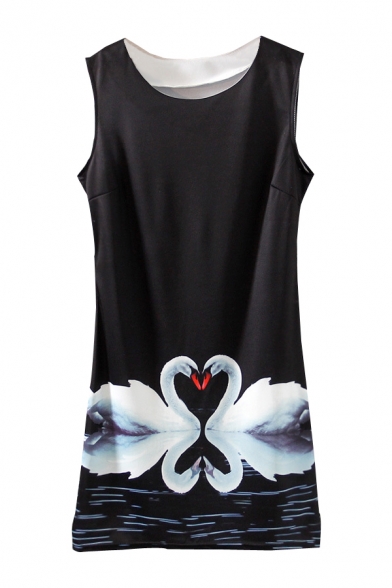 Symmetric Swan Print Black Slim Dress