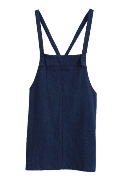 Vintage Preppy Style Dark Blue Slip Denim Dress