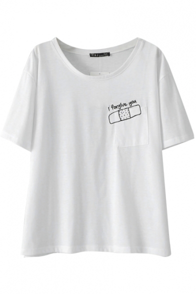 White Bandage Letter Print Short Sleeve T-Shirt - Beautifulhalo.com
