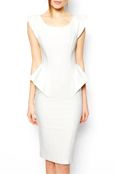 White Round Neck Sleeveless V-Back Ruffle Dress