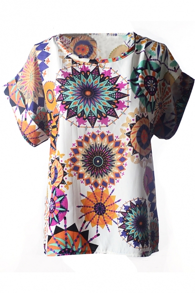 White Short Sleeve Colorful Geometric Print Chiffon T-Shirt
