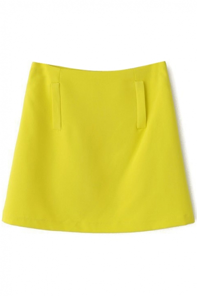 Yellow Plain Fake Pockets Zippered Flare Skirt