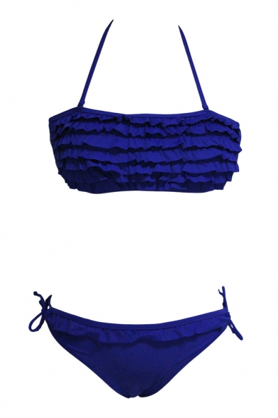 Blue Plain Halter Low Rise Ruffle Bow Bikini Set