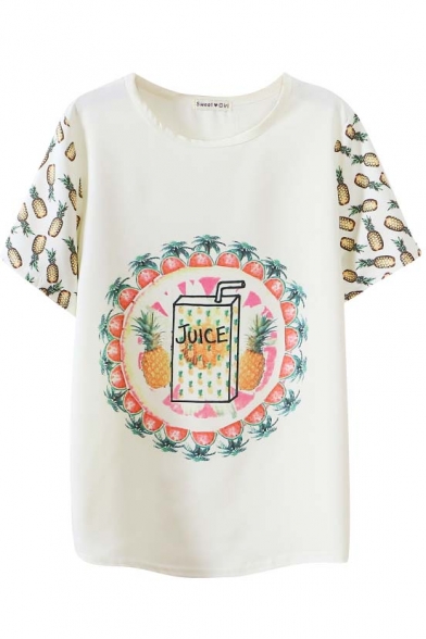 Cream Short Sleeve Juice Bottle&Pineapple Chiffon T-Shirt ...