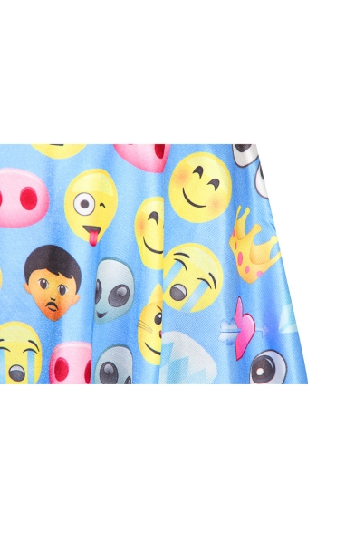 Cute Blue Emoji Print Pleated Mini Skirt