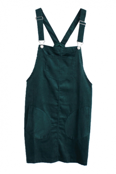 Dark Green Vintage Single Pocket Front Corduroy Slip Dress