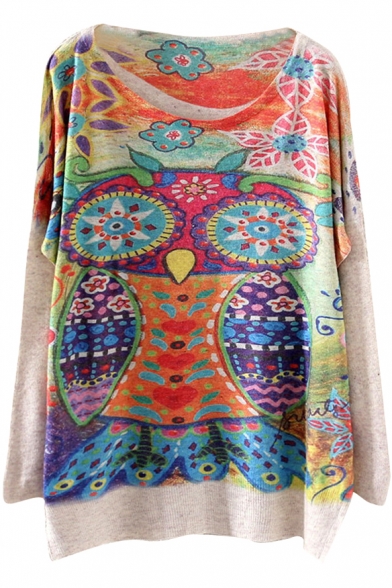 Flower Owl Cute Style Print Loose Sweater
