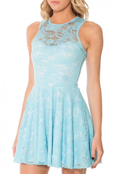 Fresh Candy Color Plain Lace Sleeveless Babydoll Dress
