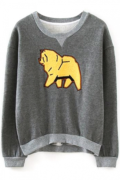 Gray Dog Print Round Neck Casual Sweatshirt