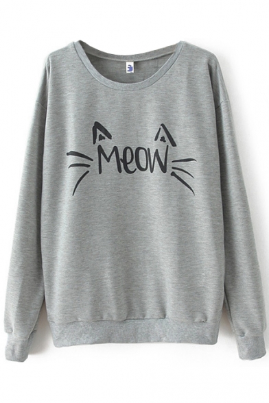 Gray Letter Meow Print Long Sleeve Sweatshirt