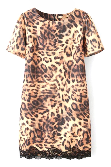 Leopard Pattern Print Lace Hem Panel Short Sleeve Dress