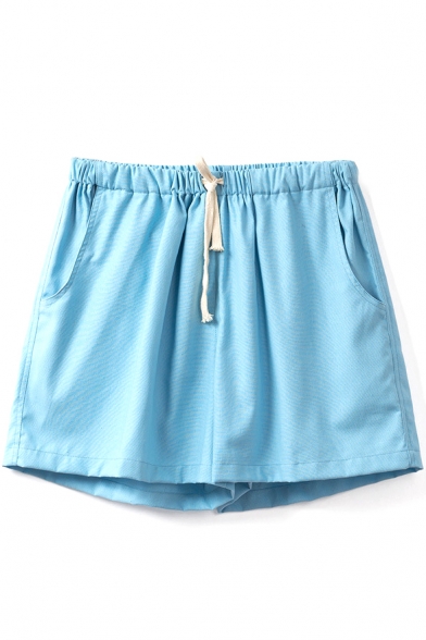 Light Blue Mid Waist Drawstring Loose Shorts