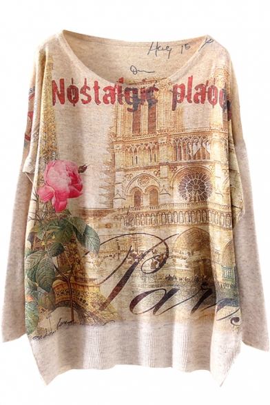 Nostalgic City&Rose Print Loose Sweater