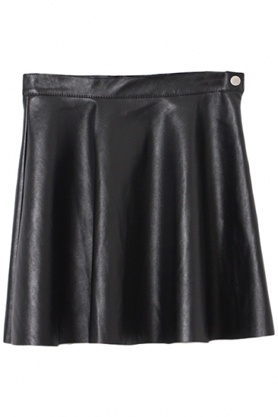 Plain Black PU Plain Zipper Fly Skirt