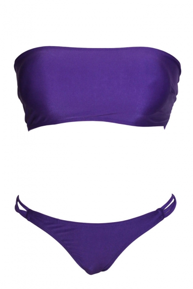 Purple Bandeau Crisscross Bottom Low Rise Bikini Set