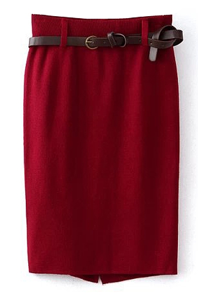 Red Belted Back Split Pencil Skirt
