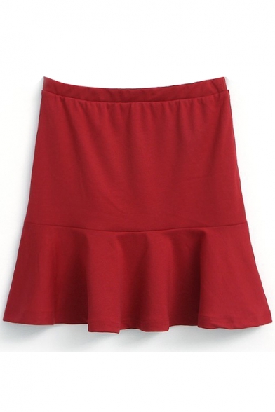Red Elastic Waist Ruffle Hem Mini Skirt