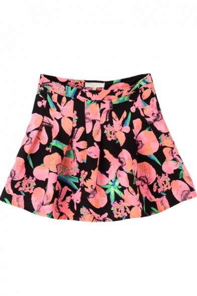 Red Floral Print A-Line Pleated Mini Skirt