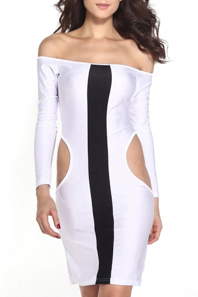 Sexy Color Block Off-The-Shoulder Long Sleeve Dress with Side Cutout