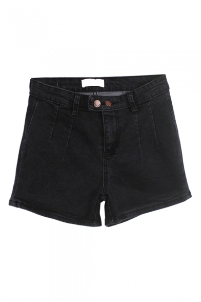 Simple Two Buttons Detail Denim Fitted Shorts