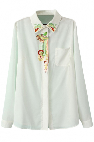 White Embroidered Placket Long Sleeve Shirt